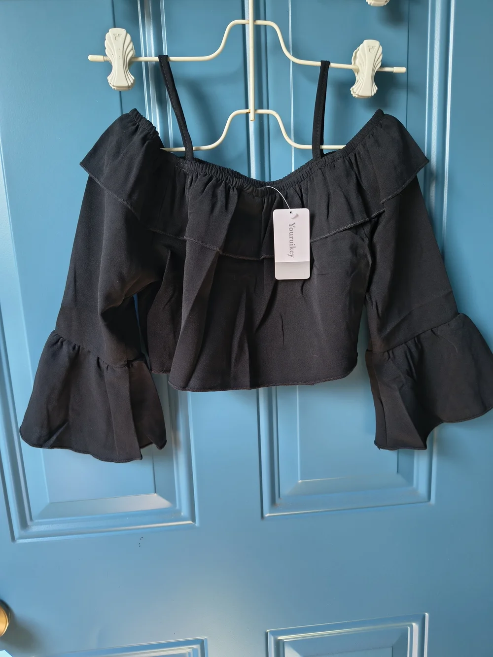 Black Off-Shoulder Ruffle Top & Black-White Striped High-Waist Shorts Set
